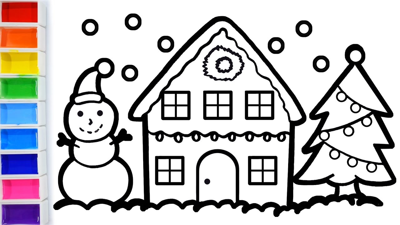 How to draw Christmas House with tree and snowman Warna Warni Belajar